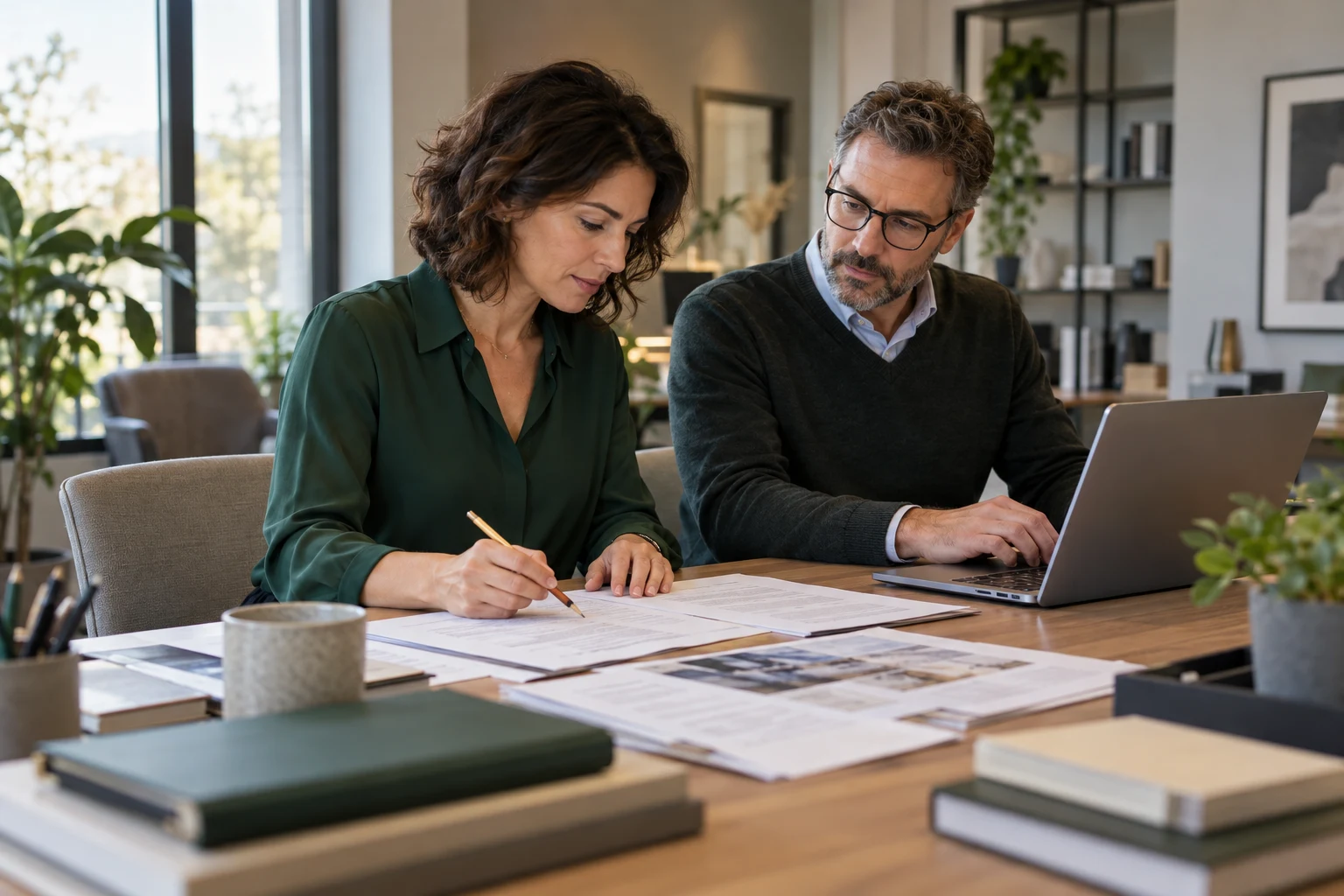 Illustrative scene of two professionals reviewing documents together, with notes and a computer on the desk.